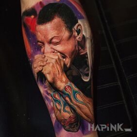 Tattoo Linkin Park on the calf motif: faces style: realistic