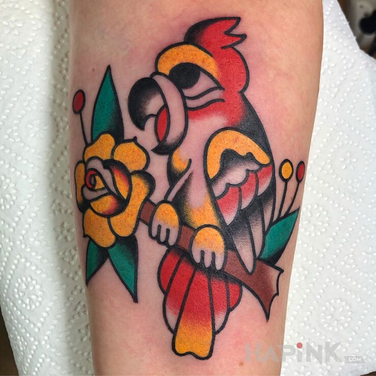 Tattoo Papuga / Róża / Kwiat in colorful motif and oldschool style on the forearm