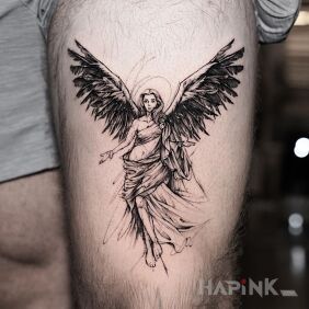 Tattoo Angel in a robe on the leg motif: angels style: sketch