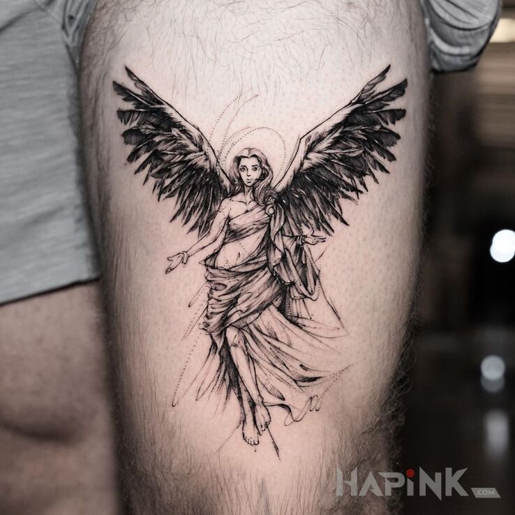 Tattoo Anielica w szacie in wings motif and sketch style on the leg