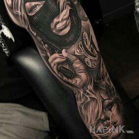 Tattoo Gangsta chicks on the upper arm motif: black and gray style: chicano