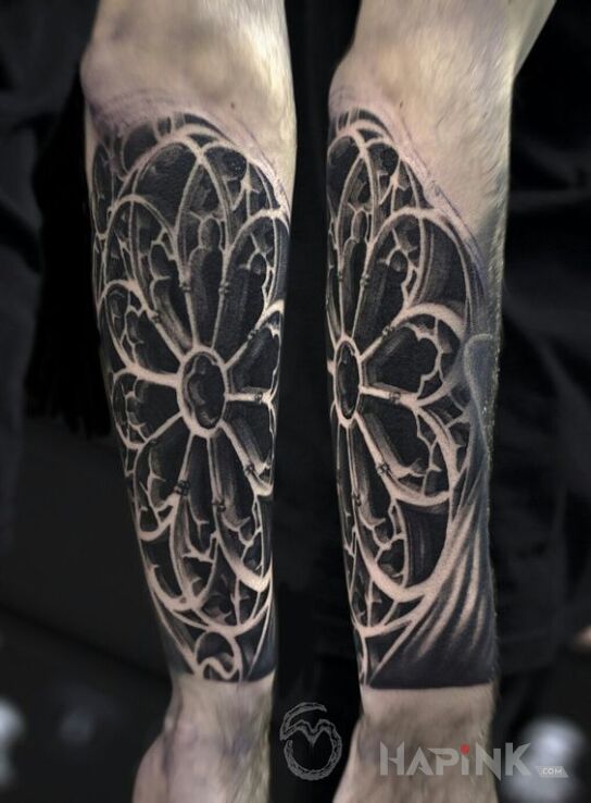 Tattoo Okno kościelne in black and gray motif and realistic style on the forearm