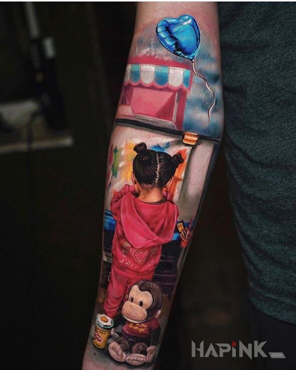 Tattoo Dziewczynka z balonem in characters motif and realistic style on the forearm