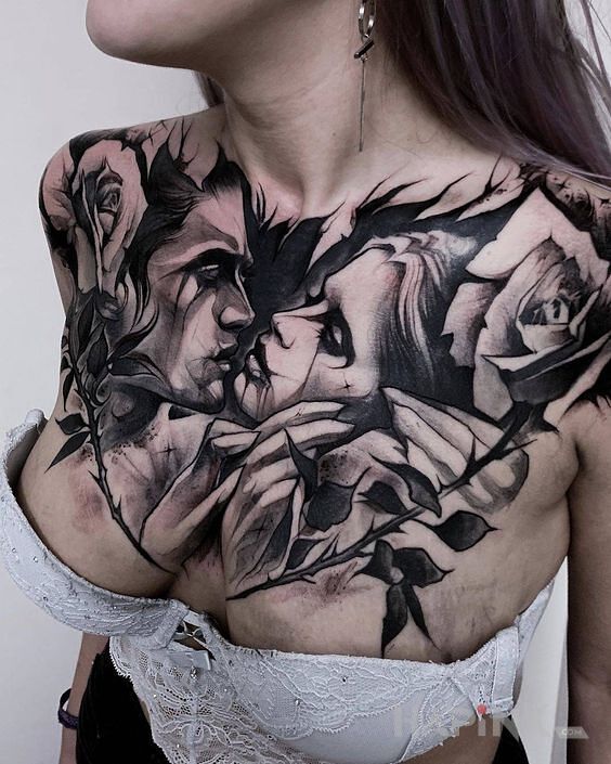 Tattoo Para kochanków in black and gray motif and sketch style on the breast
