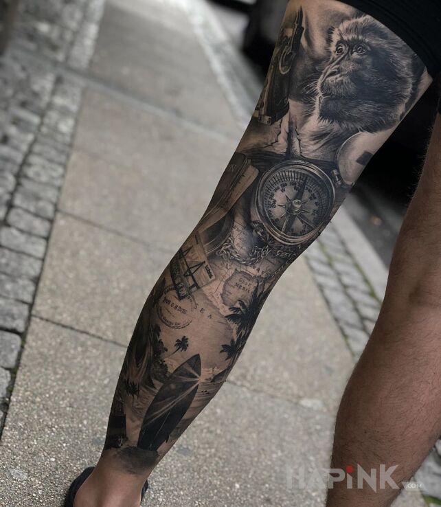 Tattoo Podróżowanie in legsleeves motif and realistic style on the calf