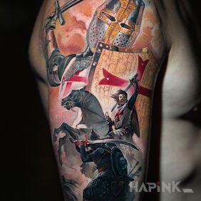 Tattoo Templar on the upper arm motif: characters style: realistic
