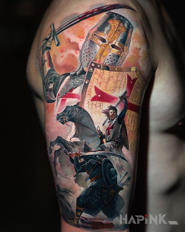 Tattoo Templariusz in 3D motif and realistic style on the upper arm