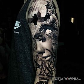 Tatuaż Siedzenie na murku na ramieniu motyw: postacie styl: graffiti