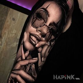 Tattoo Girl with a cigarette on the upper arm motif: 3D style: realistic