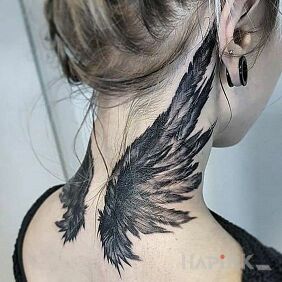 Tattoo Wings on the neck motif: black and gray style: graphic / illustrative