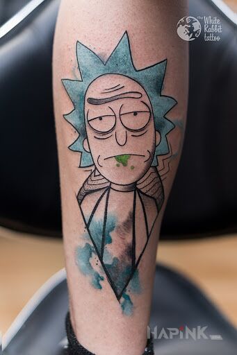 Tattoo Rick in colorful motif and cartoon / comic book style on the forearm