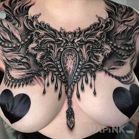 Tattoo Beautiful necklace on the breast motif: 3D style: realistic