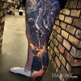 Tattoo Astronaut in space on the leg motif: legsleeves style: realistic