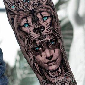 Tattoo The girl with the mandala on the forearm motif: faces style: graphic / illustrative