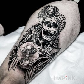 Tattoo Fairy / Witch on the leg motif: black and gray style: graphic / illustrative