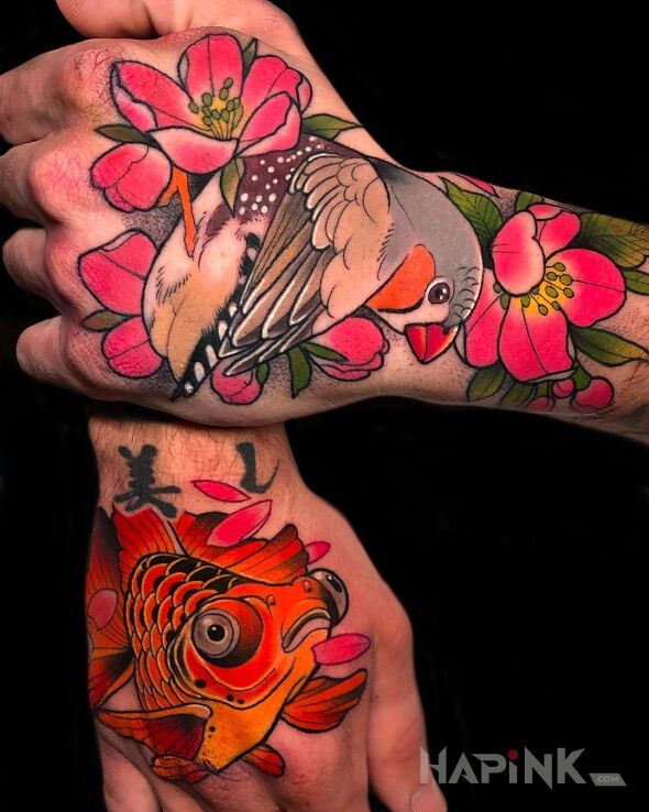 Tattoo Karpik in animals motif and newschool style on the hand