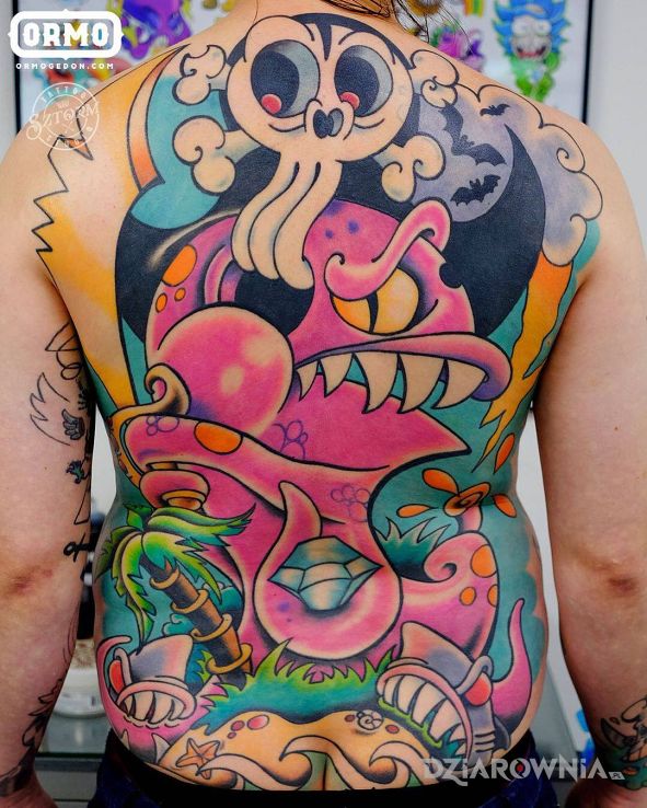 Tatuaż szalone plecy w motywie zwierzęta i stylu kreskówkowe / komiksowe na plecach