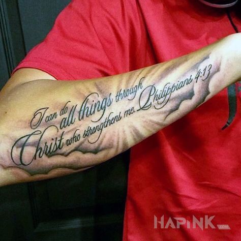Tattoo Moc chrystusa in lettering motif and calligraphy style on the forearm