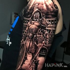 Tattoo Gladiator on the upper arm motif: characters style: realistic
