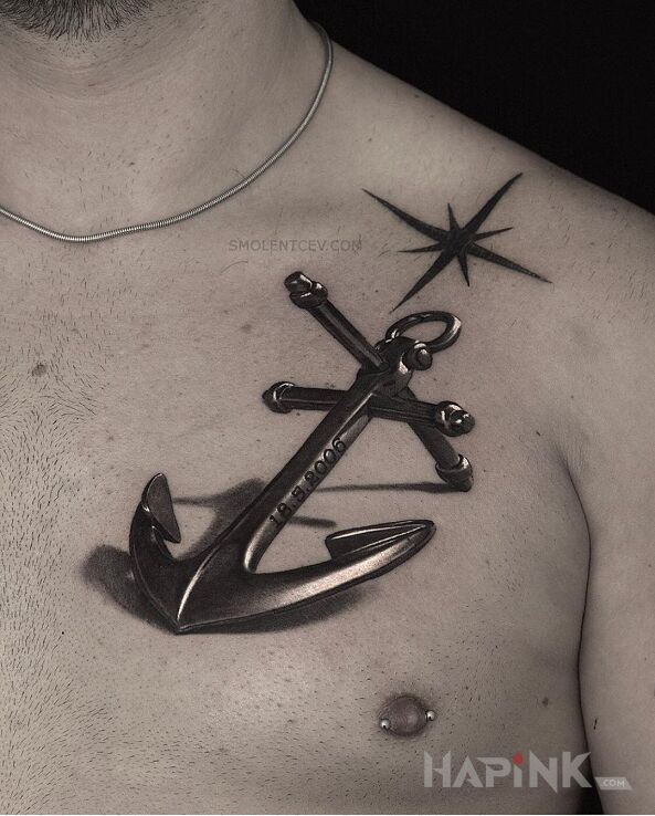 Tattoo Kotwica in black and gray motif and realistic style on the chest
