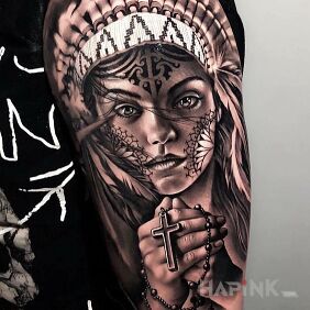 Tattoo Indian woman with a rosary on the upper arm motif: 3D style: realistic