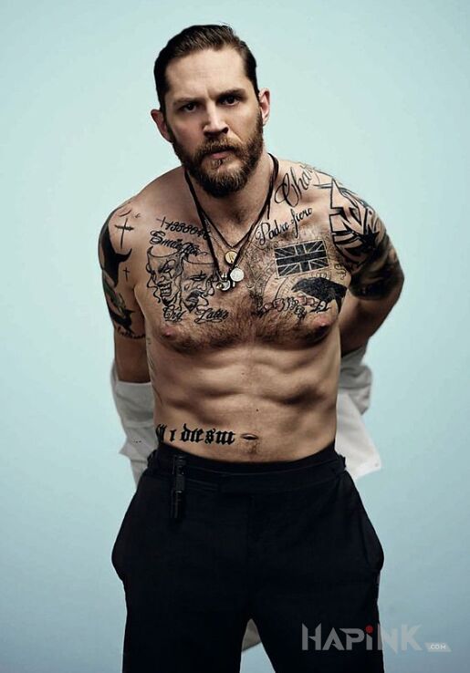 Tattoo Tom Hardy in black and gray motif and graphic / illustrative style on the chest