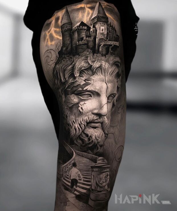 Tattoo Zamek na głowie in 3D motif and realistic style on the leg