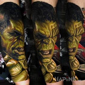 Tattoo Hulk on the forearm motif: faces style: realistic