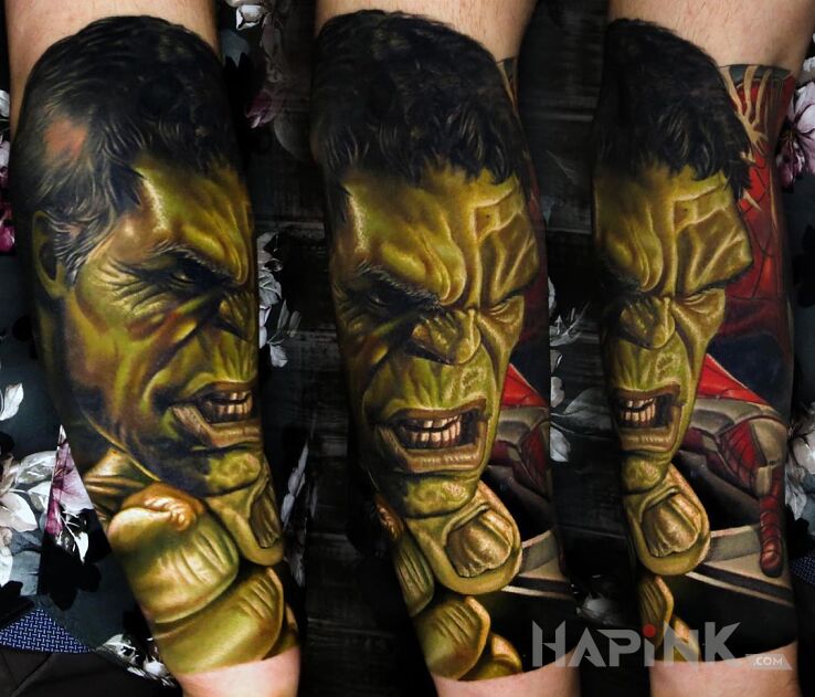 Tattoo Hulk in characters motif and realistic style on the forearm