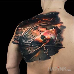 Tattoo Bottle in the sea on the shoulder blades motif: colorful style: abstract