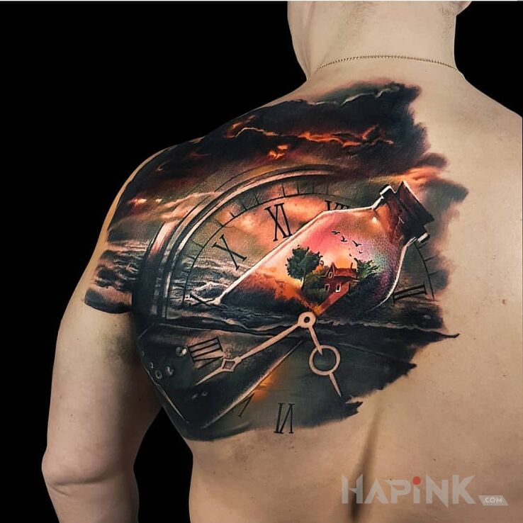 Tattoo Butelka w morzu in objects motif and realistic style on the shoulder blades