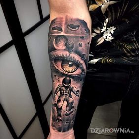 Tatuaż Cosmonaut Eye na przedramieniu motyw: czarno-szare styl: realistyczne