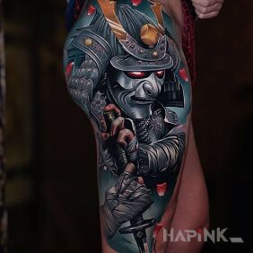Tattoo Colorful samurai on the leg motif: 3D style: realistic