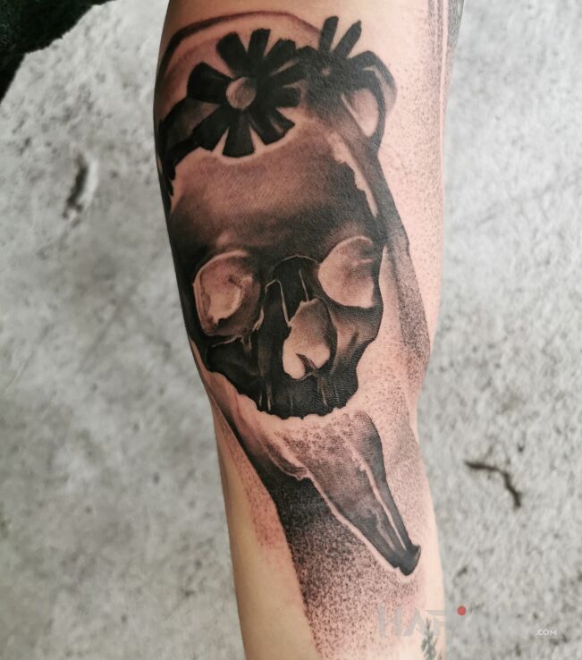 Tattoo Południca in fantasy motif and dotwork style on the upper arm