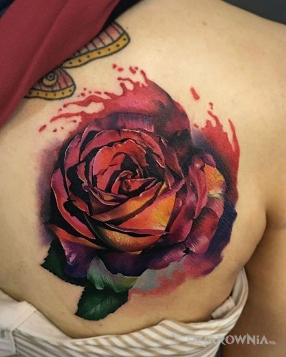 Tatuaż kolorowa roza 3d w motywie kwiaty na łopatkach