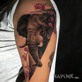 Tattoo Elephant with cherry blossoms on the upper arm motif: black and gray style: realistic