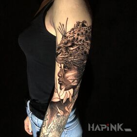 Tattoo Sleeve with portraits on the forearm motif: animals style: realistic