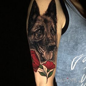 Tattoo Dog with poppies on the upper arm motif: flowers style: realistic