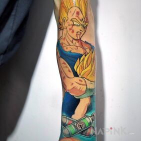 Tattoo Dragon Ball Vegeta hugs Trunks on the forearm motif: manga / anime style: graphic / illustrative