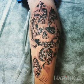Tattoo My 3 ? on the calf motif: black and gray style: biomechanics