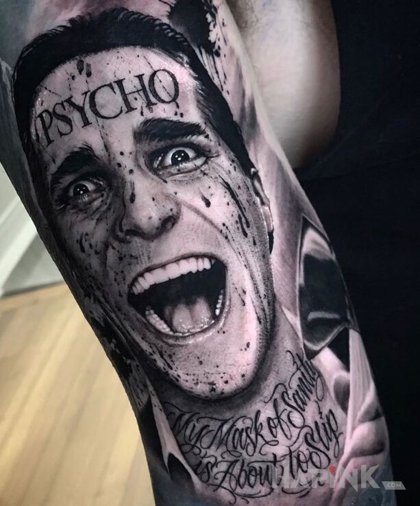Tattoo Christian Bale - Psycho in 3D motif and realistic style on the upper arm