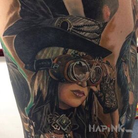 Tattoo The woman in the hat on the ribs motif: colorful style: realistic