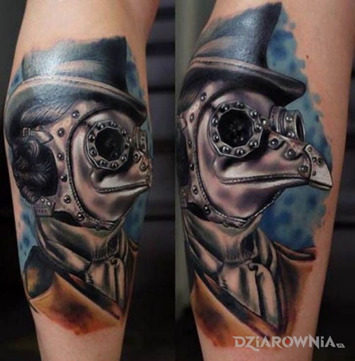 Tatuaż steampunkowy lekarz w motywie steampunk i stylu realistyczne na łydce