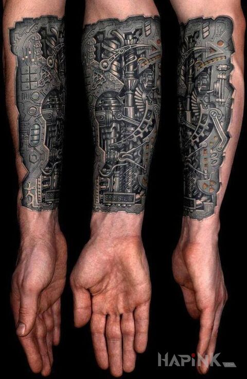 Tattoo Steampunkowa łapa in 3D motif and biomechanics style on the forearm