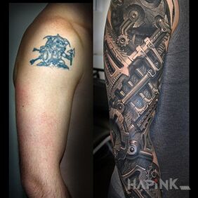 Tattoo Steampunk sleeve on the forearm motif: cover-up style: biomechanics