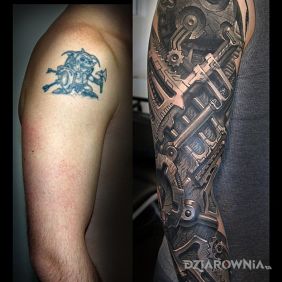Tatuaż Rękaw steampunkowy na przedramieniu motyw: rękawy styl: biomechanika
