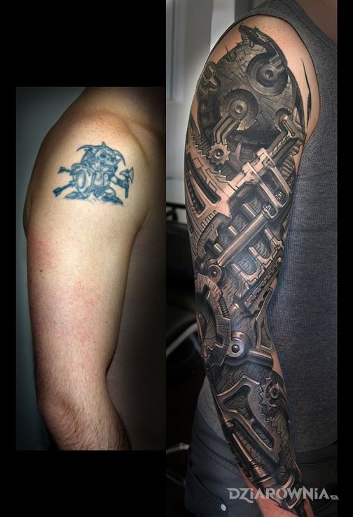 Tatuaż rękaw steampunkowy w motywie 3D i stylu biomechanika na przedramieniu