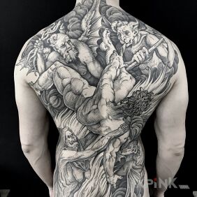 Tattoo Demons vs. humans on the buttocks motif: black and gray style: engravings / gravure