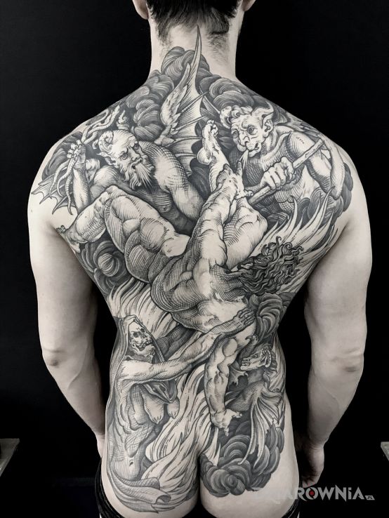 Tatuaż demony kontra człowiek w motywie czarno-szare i stylu rycinowe / grawiurowe na plecach