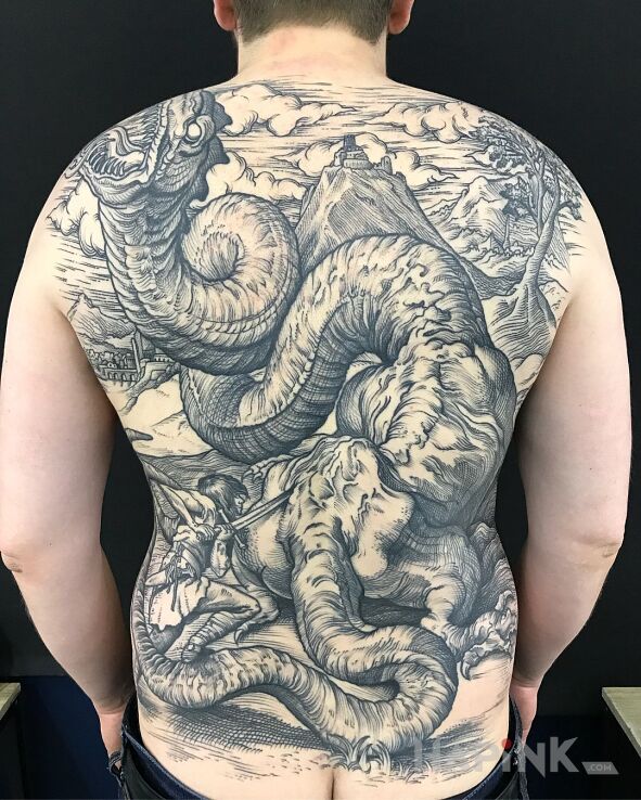 Tattoo Walka ze smokiem in black and gray motif and engravings / gravure style on the back